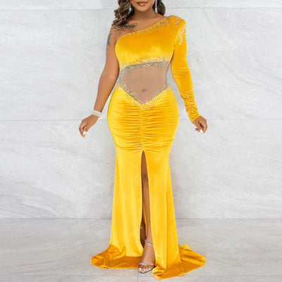 Velvet Rhinestone One Shoulder Sheer Mesh Patchwork High Slit Maxi Dress
