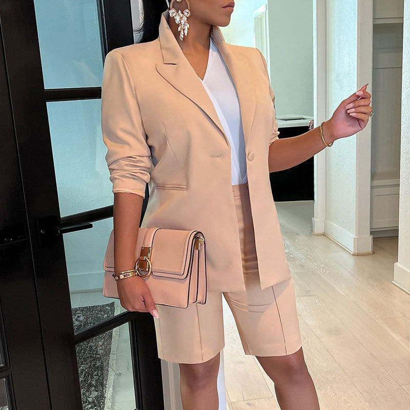 Solid Long Sleeve Blazer Coat & Shorts Set