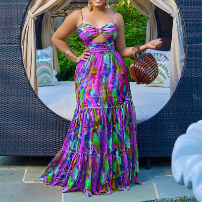 Print Sleeveless Cut Out Spaghetti Strap Maxi Dress