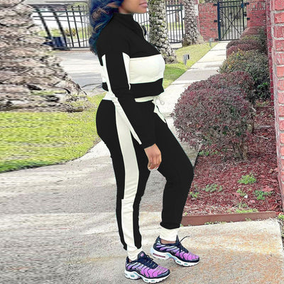 Colorblock Long Sleeve Zipper Design Top & Pants Set