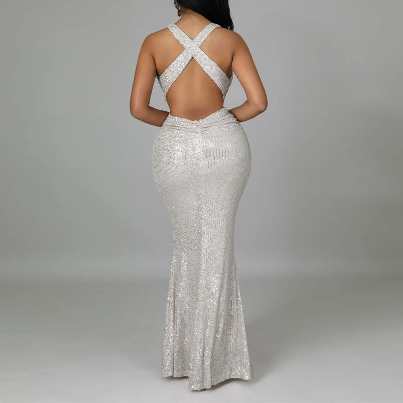 Sequins Deep V-Neck Sleeveless Maxi Dress