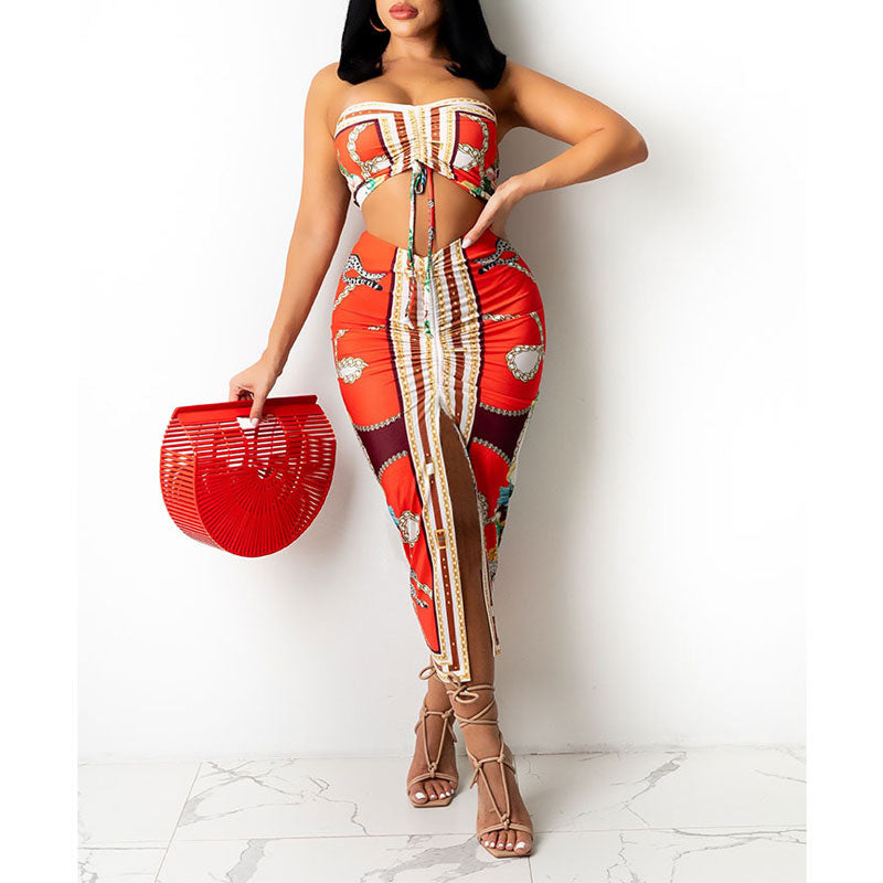 Print Drawstring Tube Top & Skirt Set