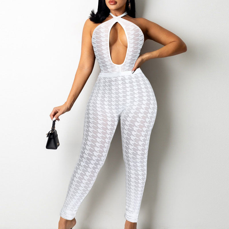 Houndstooth Pattern Sleeveless Halter Sheer Mesh Skinny Jumpsuit