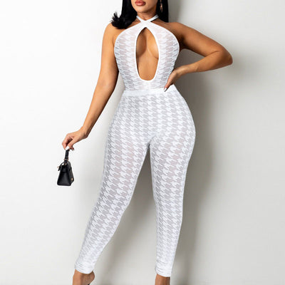 Houndstooth Pattern Sleeveless Halter Sheer Mesh Skinny Jumpsuit