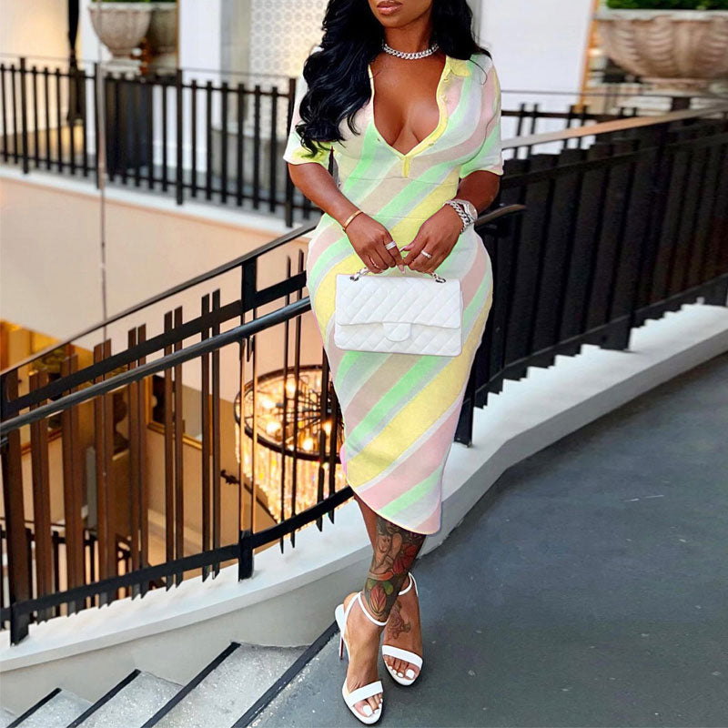 Striped Deep V-Neck Short Sleeve Midi Dress