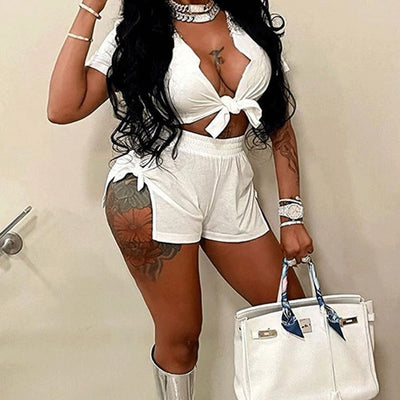 Solid Short Sleeve Tied Blouse & Slit Shorts Set