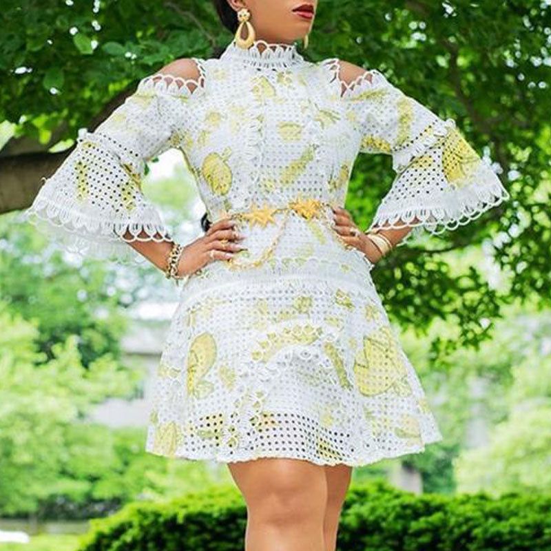 Print Cold Shoulder Long Sleeve Hollow Out A Line Dress
