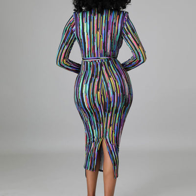 Print V-Neck Long Sleeve Tied Midi Dress