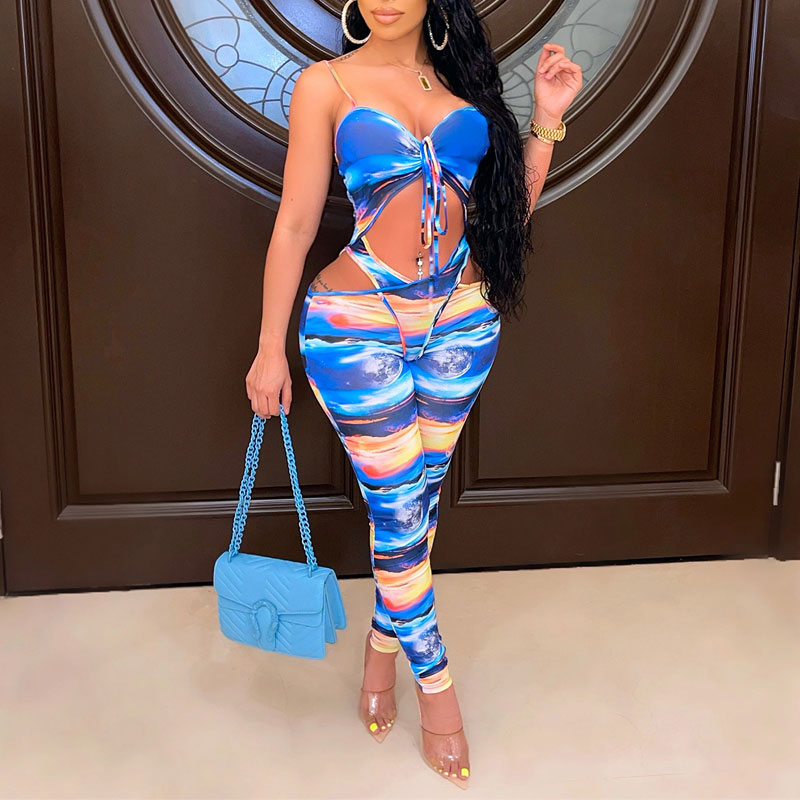 Tie Dye Print Drawstring Cut Out Jumpsuit