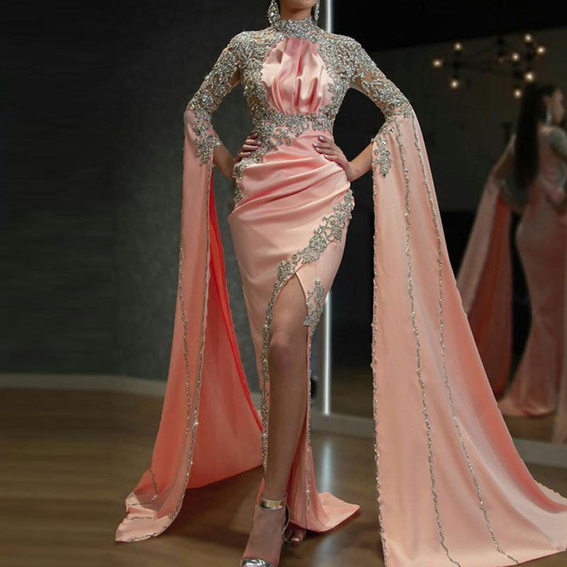 Sequins Long Sleeve High Slit Cape Dress
