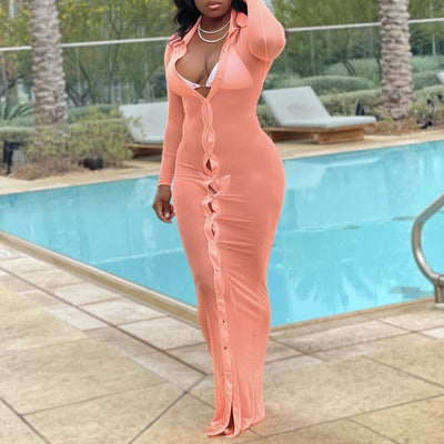 Solid Long Sleeve Sheer Mesh Beach Cover Up Dress