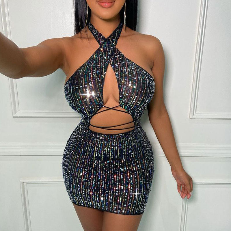 Sequins Sleeveless Halter Hollow Out Mini Dress