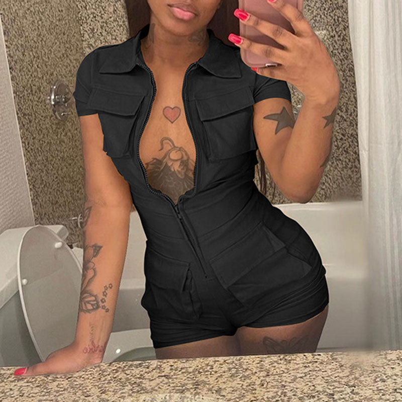 Solid Short Sleeve Pocket Zipper Design Romper