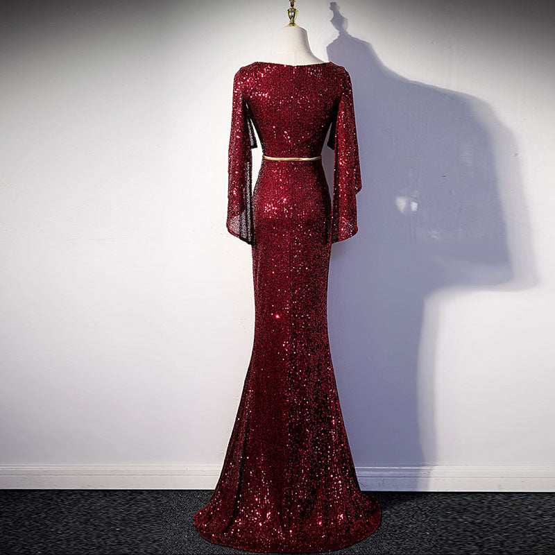 Sequins Deep V-Neck Ruffle Design Floor-Length Evening Dress