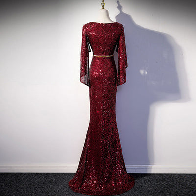 Sequins Deep V-Neck Ruffle Design Floor-Length Evening Dress