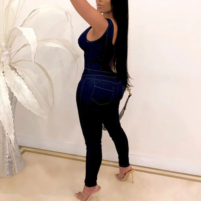 Denim V-Neck LaceUp Eyelet Sleeveless Jumpsuit