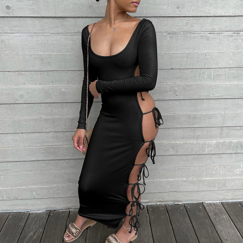 Solid U Neck Long Sleeve Hollow Out Maxi Dress