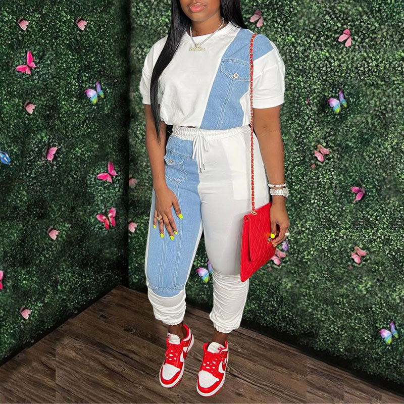 Colorblock Denim Patchwork 2PCS Pants Set