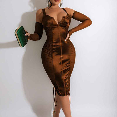 Solid Sleeveless Sheer Mesh Drawstring Midi Dress
