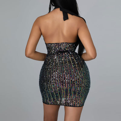 Sequins Sleeveless Halter Hollow Out Mini Dress