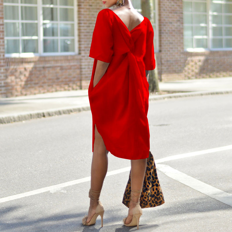 Solid Knotted Back Pocket Design Loose Dress