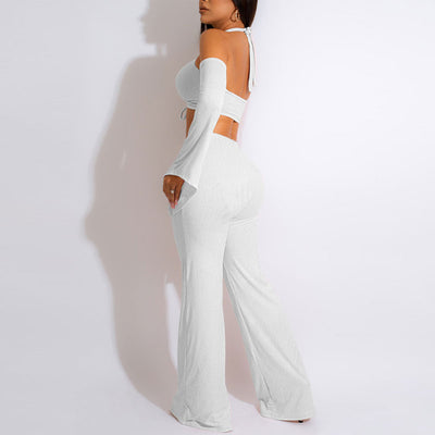 Solid Cold Shoulder Cut Out Crop Top & Wide Leg Pants Set