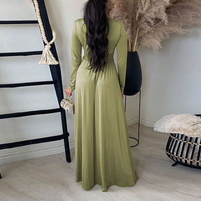 Solid Deep V-Neck Long Sleeve High Slit Maxi Dress