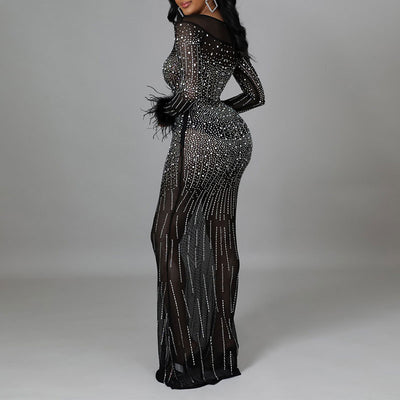 Rhinestone Long Sleeve Feather Design Sheer Mesh Maxi Dress