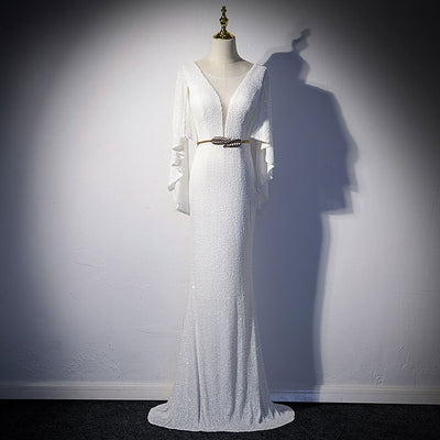 Sequins Deep V-Neck Ruffle Design Floor-Length Evening Dress