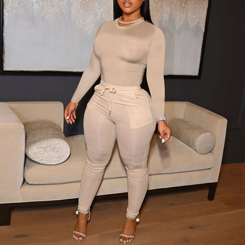 Solid Long Sleeve Top & Pocket Design Pants Set