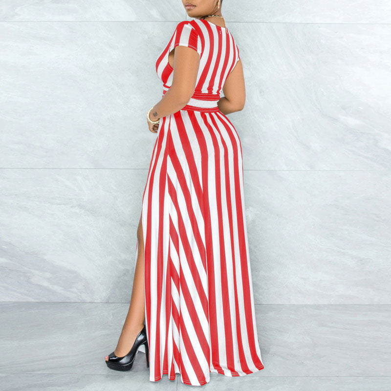 Striped Pattern Deep V-Neck Short Sleeve High Slit Maxi Dress