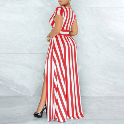 Striped Pattern Deep V-Neck Short Sleeve High Slit Maxi Dress