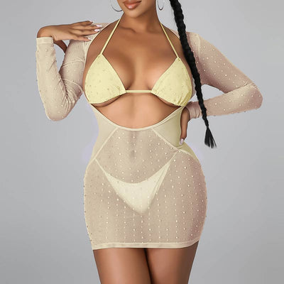 Solid Rhinestone Sheer Mesh Three Piece Set