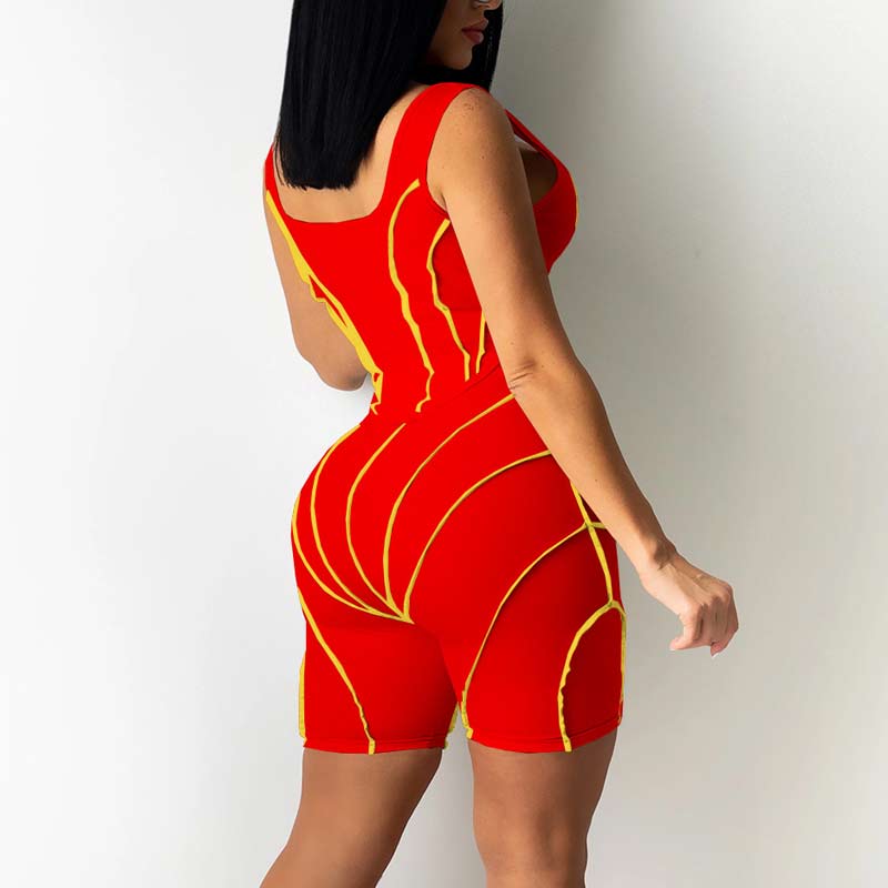 Colorblock Sleeveless Zippe Design Two Piece Shorts Set