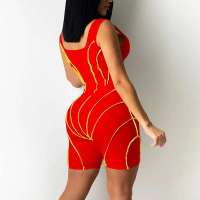 Colorblock Sleeveless Zippe Design Two Piece Shorts Set