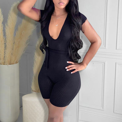Solid V-Neck Short Sleeve Belted Romper