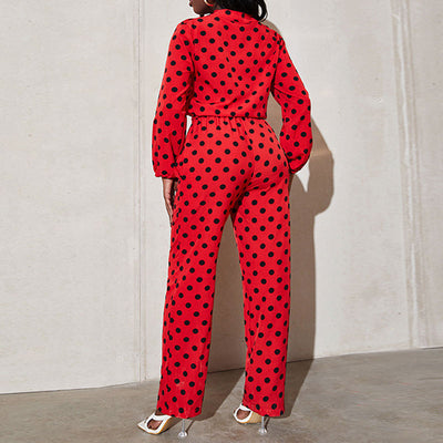 Polka Dot Print Long Sleeve Belted Jumpsuit