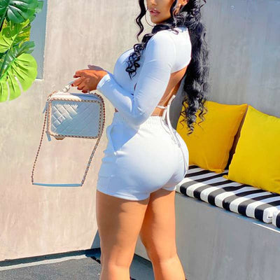 Solid Long Sleeve Backless Bangdage Two Piece Shorts Set