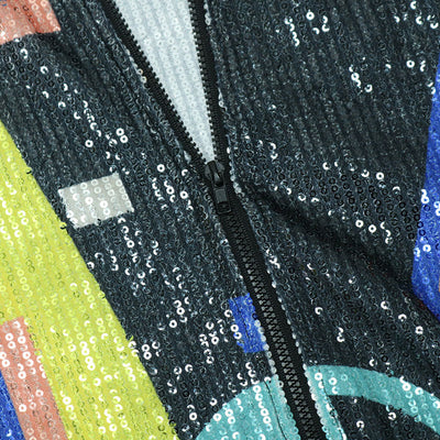 Colorblock Sequins Long Sleeve Zipper Design Jacket