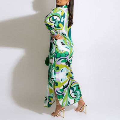 Print Long Sleeve Asymmetrical Maxi Shirt Dress