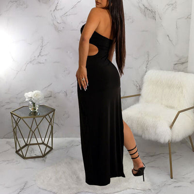 Solid Halter Sleeveless Cut Out High Slit Party Dress