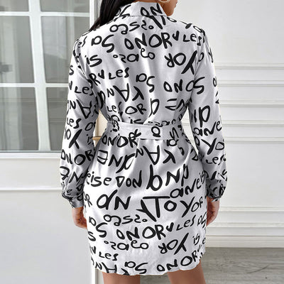 Letter Print Long Sleeve Belted Shirt Dress