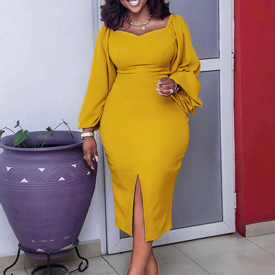 Solid Long Sleeve Ruffle Slit Midi Dress