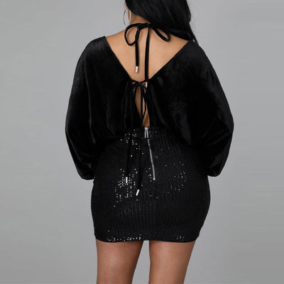 Velvet Deep V-Neck Sequins Patchwork Bandage Bodycon Dress