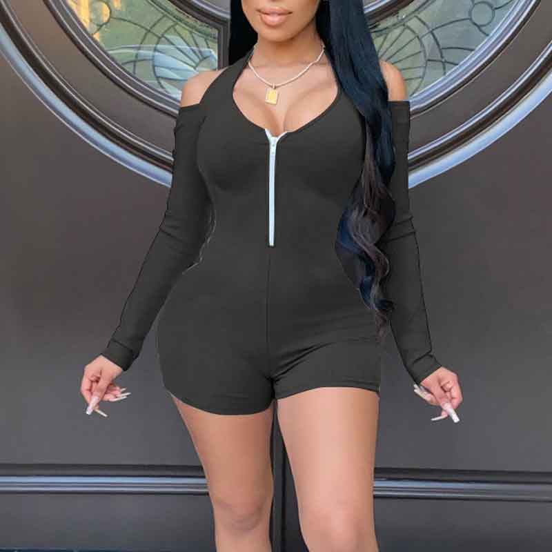 Solid Cold Shoulder Long Sleeve Romper