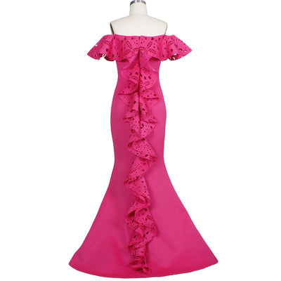Solid Off Shoulder Ruffles Lace Patchwork Floor-Length Evening Dress