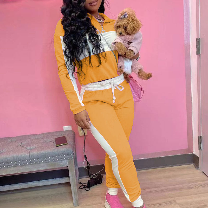 Colorblock Long Sleeve Zipper Design Top & Pants Set