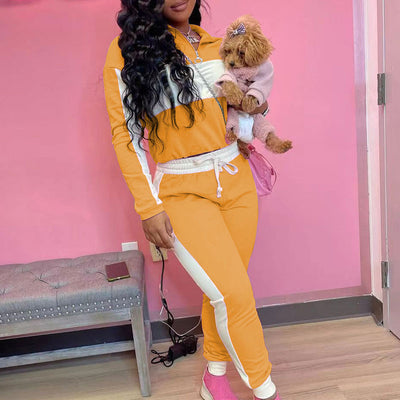 Colorblock Long Sleeve Zipper Design Top & Pants Set