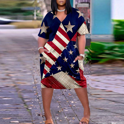 Independence Day Flag Print V-Neck Short Sleeve Loose Dress