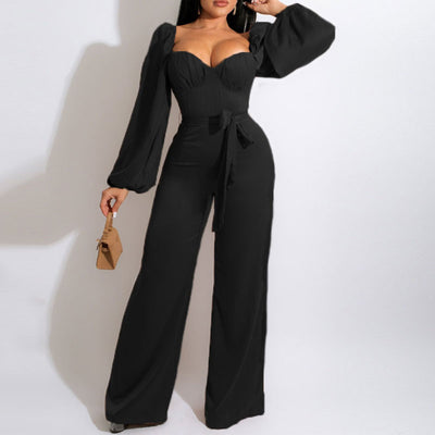 Solid Square Neck Long Sleeve Belted Jumpsuit